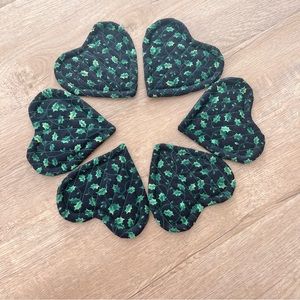 Quilted‎ Cloth Heart Shaped Mug Rugs Mats Holders Coasters Green Ivy Set Of 6